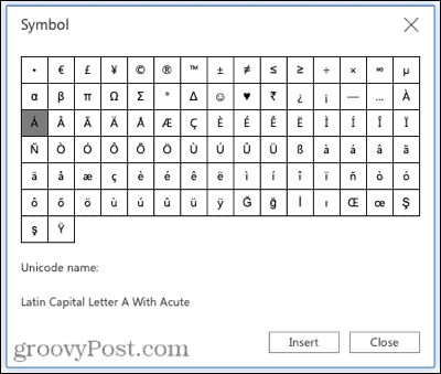 Symboler for aksentmerker i Word på nettet