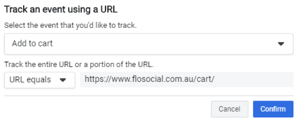 Bruk Facebook Event Setup Tool, trinn 5, innstillinger for å spore en hendelse ved hjelp av en URL