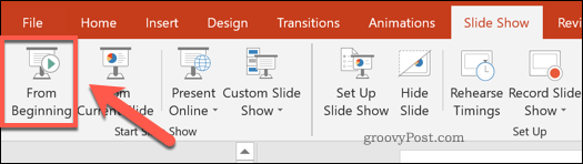 Vis fra begynnelsesknappen i PowerPoint