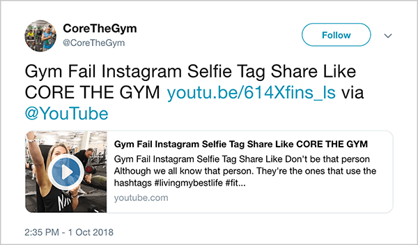 Dette er et skjermbilde av en tweet fra @CoreTheGym. Tweeten sier "Gym Fail INstagram Selfie Tag Share Like CORE THE GYM" og lenker til en YouTube-video. Videobeskrivelsen er “Ikke vær som den personen. Selv om vi alle kjenner den personen. Det er de som bruker hashtags #livingmybestlife ”. Lenken til videoen er youtu.be/614Xfins_ls.