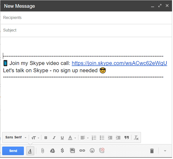 Klikk på Skype-ikonet nederst i e-postmeldingen for å legge til en ringekobling.
