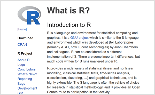Bygg dine egne prediktive analyseverktøy med programmeringsspråket R. Skjermbilde av R introduksjonsside. 
