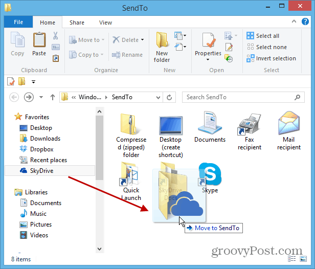 Legg SkyDrive til Windows Høyreklikk Send til-menyen