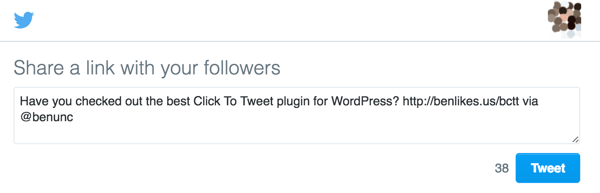 Better Plug to Tweet WordPress-pluginet viser forhåndsutfylte tweets som brukerne kan dele på Twitter.