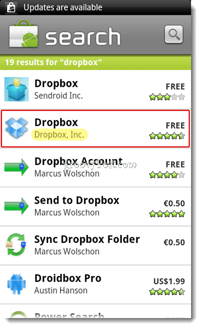Android Dropbox Search Menu