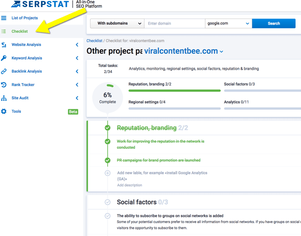 Hvordan organisere markedsføringsoppgaver på sosiale medier, opprette sjekkliste for oppgaver med Serpstat, trinn 2, sjekklistenavigasjon