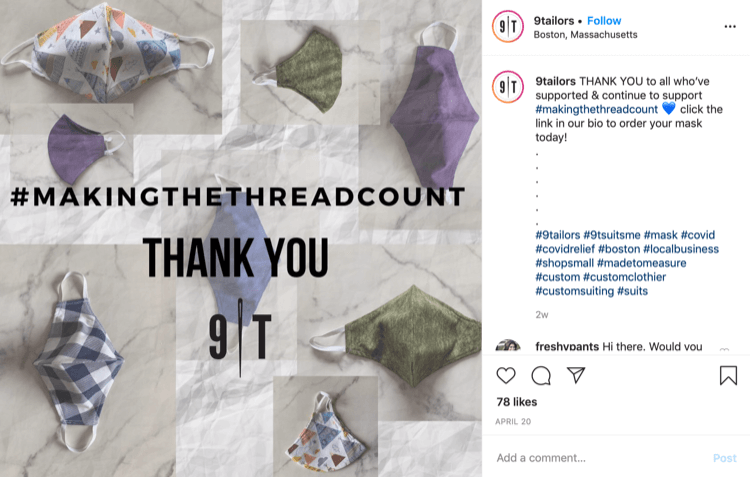 9Tailor Instagram-innlegg om salg av masker