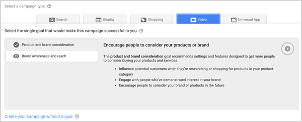 Kampanjetype for merkevarebevissthet og rekkevidde i Google AdWords.