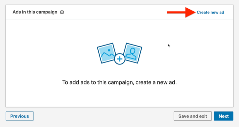 eksempel på linkedin-annonsekampanjen annonsenivå med alternativet for å opprette nye annonser uthevet