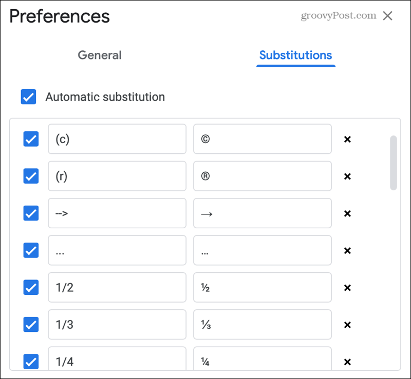 Erstatninger i Google Dokumenter