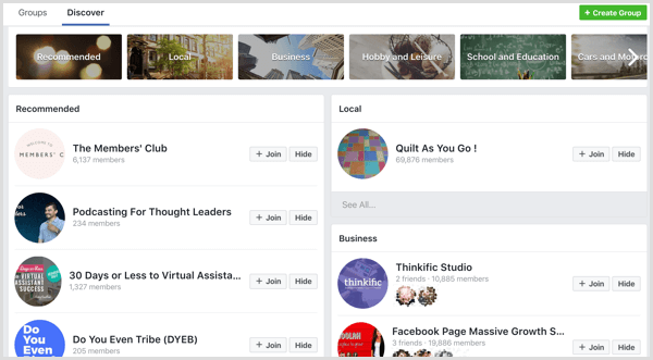Facebook grupperer kategorier og forslag