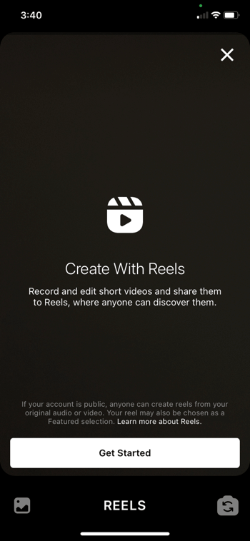skjermbilde av Create Reels-skjermen på instagram