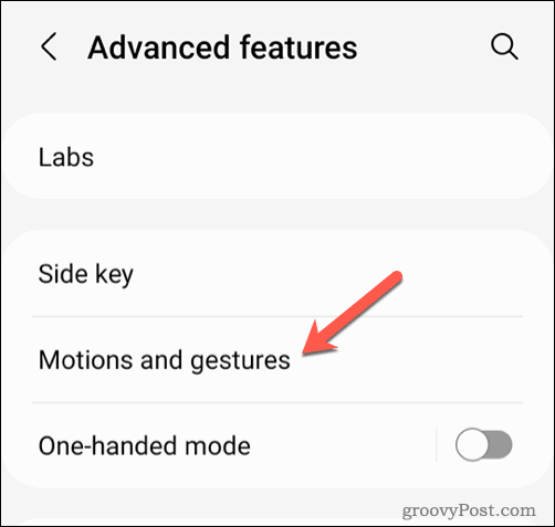 Android-meny for bevegelser og bevegelser