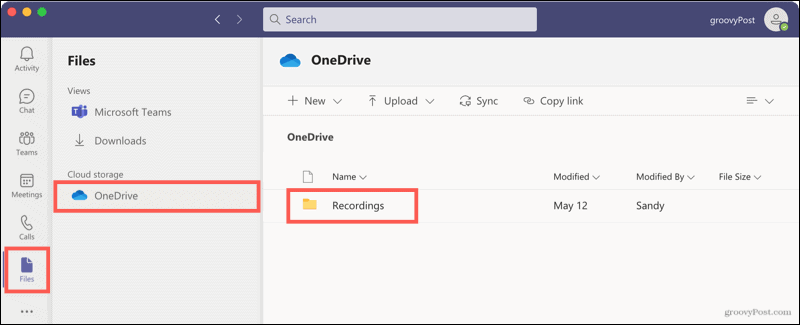 Filer, OneDrive, opptak i team