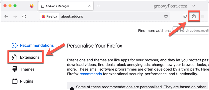Åpne Firefox-utvidelser