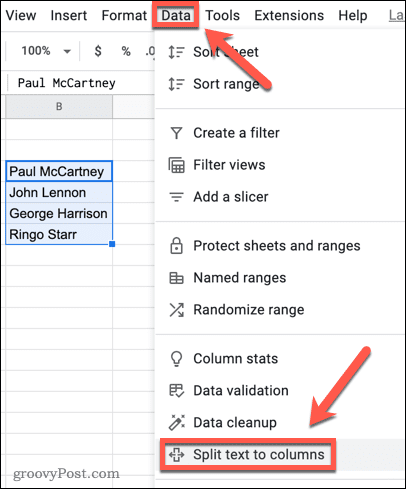 Deling av tekst i Google Sheets