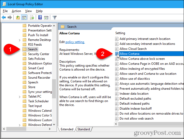 Dobbeltklikk på AllowCortana-innstillingen i Local Group Policy Editor