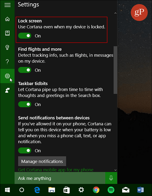 Slå på Cortana Lock Screen Windows 10