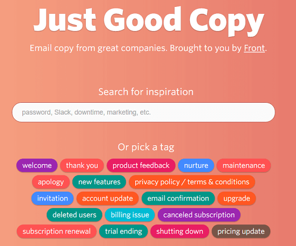 Just Good Copy gir deg eksempler på e-post for å komme i gang.