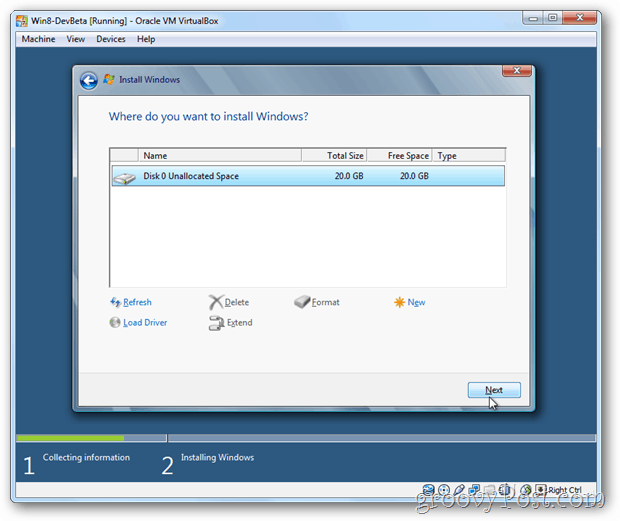 VirtualBox Windows 8 velger disk for installasjon