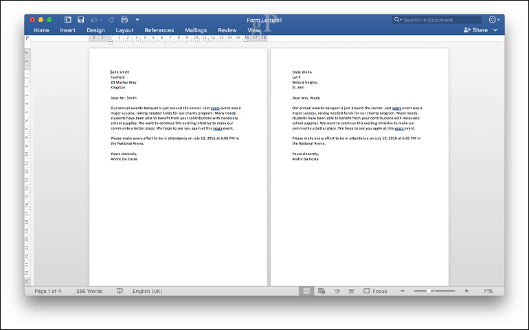 Microsoft Word for mac mail merge - forhåndsvisning av utskrift