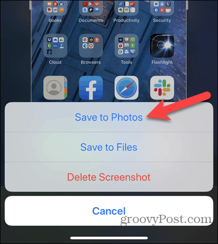Trykk på Lagre til bilder når du redigerer et iPhone-skjermbilde