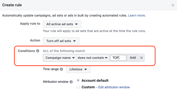 Bruk automatiserte regler fra Facebook, stopp annonsesett når ROAS faller under minimum, trinn 2, sett betingelser