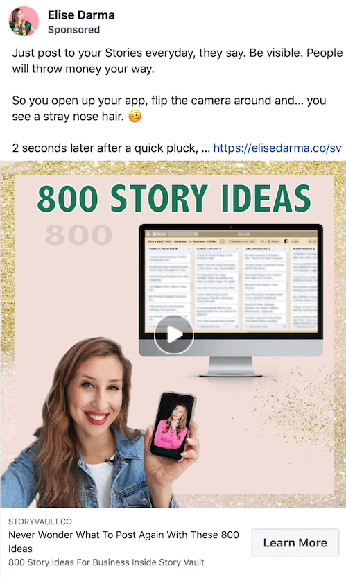 skjermbildeeksempel på et sponset innlegg av elise darma som promoterer 800 ideer til historier