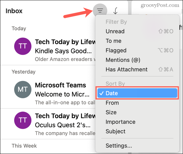 Sorter etter dato i Outlook på Mac