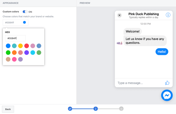 Bruk Google Tag Manager med Facebook, trinn 11, alternativer for å angi egendefinerte farger for ditt Facebook chat plugin