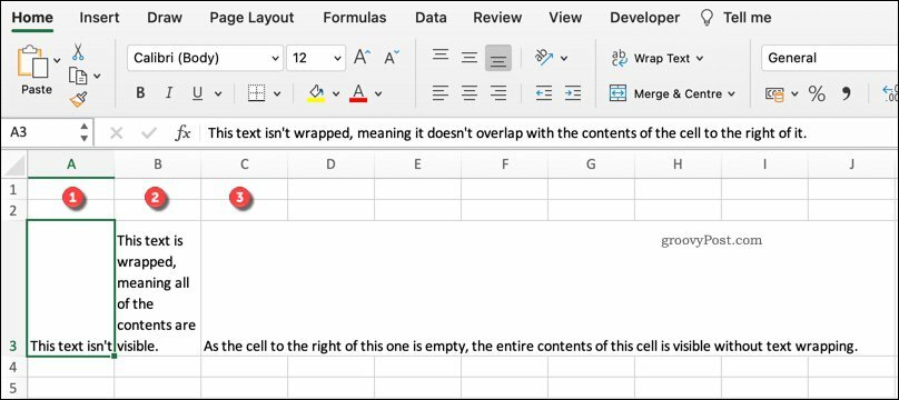 Et eksempel på forskjellige tekstinnpakningsformater i Excel