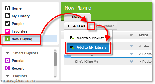 legg til gjeldende sanger i ditt Grooveshark musikkbibliotek