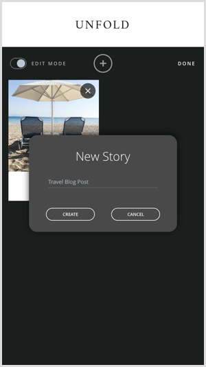 Trykk på + -ikonet for å lage en ny historie med Unfold.