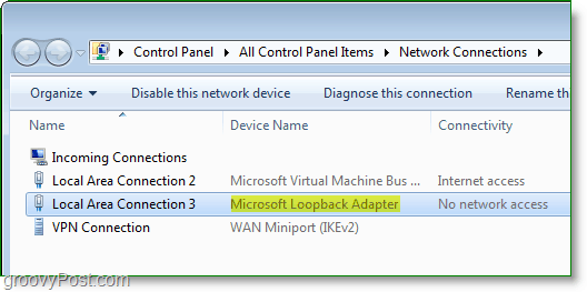 Skjermbilde av Windows 7 Networking - Microsoft Loopback-adapteren som er synlig i nettverkstilkoblingsvinduet