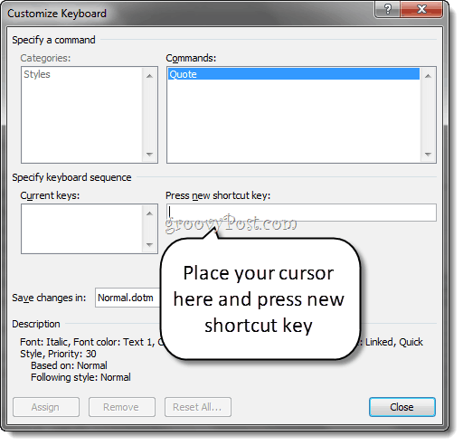 Tastatursnarveier for tilpasset stil Word 2010