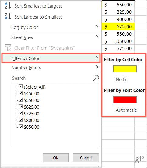 Filtrer etter farge i Excel
