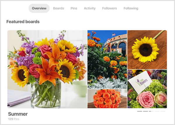 eksempel på delen med utvalgte tavler for Pinterest-profil