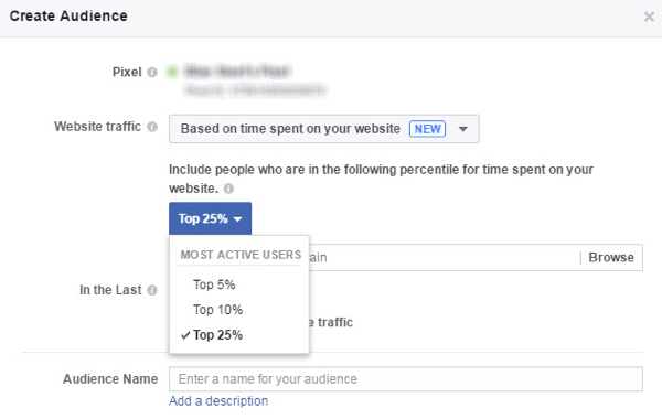 Lag et Facebook-tilpasset publikum av folk som bruker mest tid på nettstedet ditt.