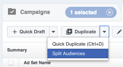 I Facebook Power Editor klikker du på pilen til høyre for Dupliser og velger Del målgrupper.
