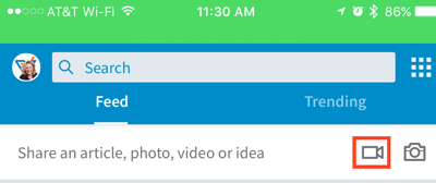 Klikk på videokameraikonet for å opprette en LinkedIn-videooppdatering.