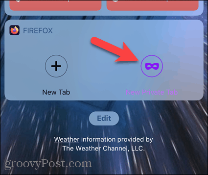 Trykk på Ny privat fane på Firefox-widgeten i iOS