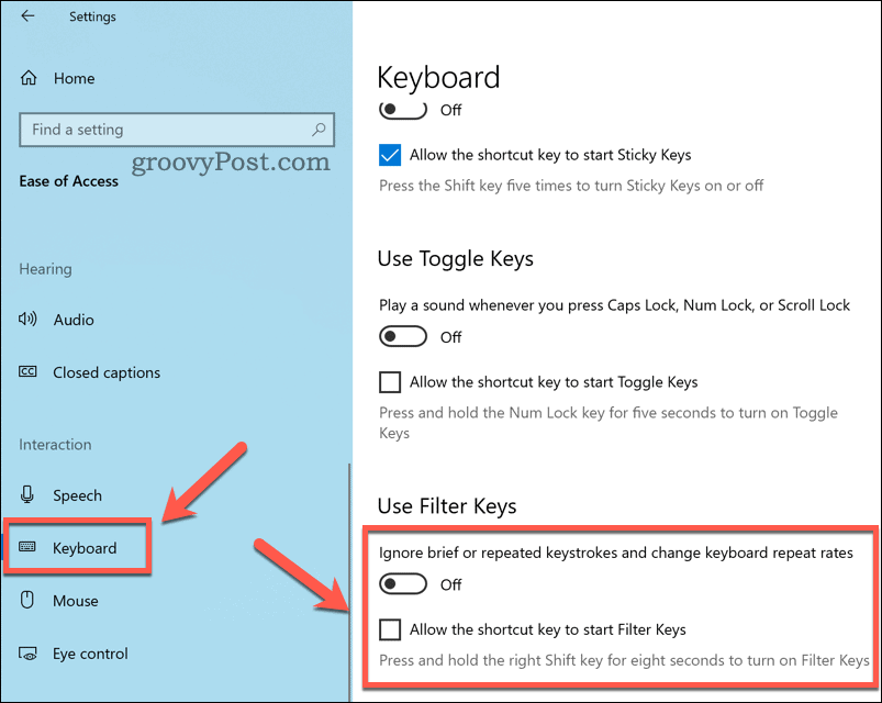 Konfigurere filternøklerinnstillinger på Windows 10