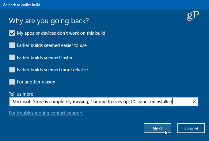 gå tilbake til forrige versjon av Windows 10