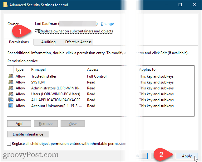 Klikk Bruk på i dialogboksen Avanserte sikkerhetsinnstillinger i Windows-registeret
