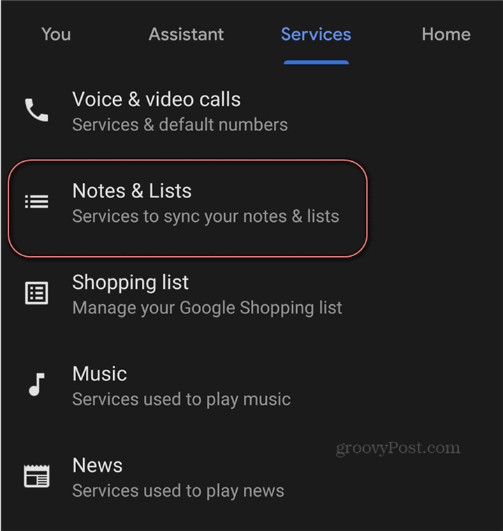 Google Assistant Google Keep-innstillinger notatlister