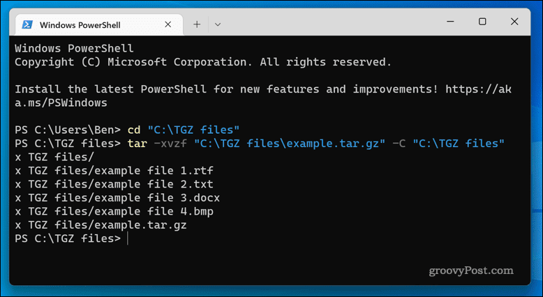 Pakk ut TGZ-filer på Windows 11 ved hjelp av terminalappen