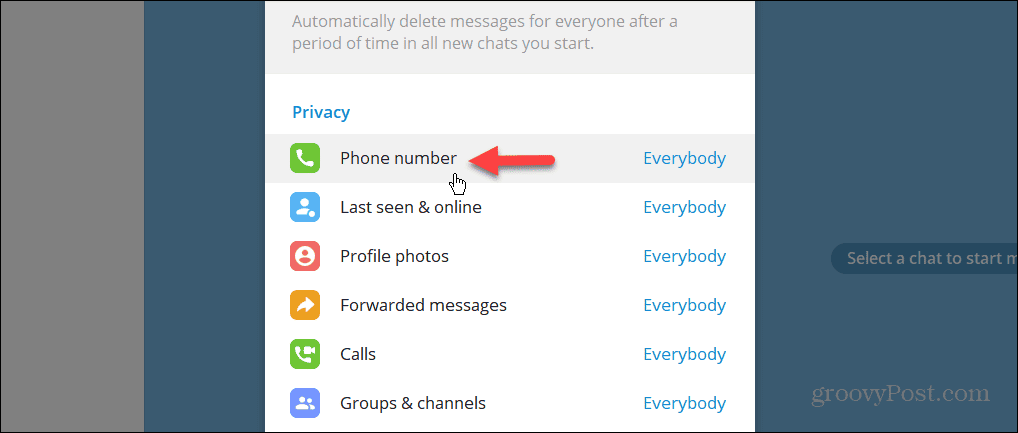 Personverninnstilling for telefonnummer i Telegram desktop app