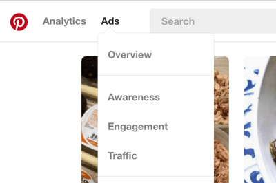 Du finner Pinterest Ads-delen øverst til venstre i navigasjonsfeltet.