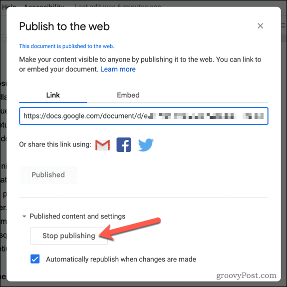 Slutt å publisere et dokument til Google Dokumenter