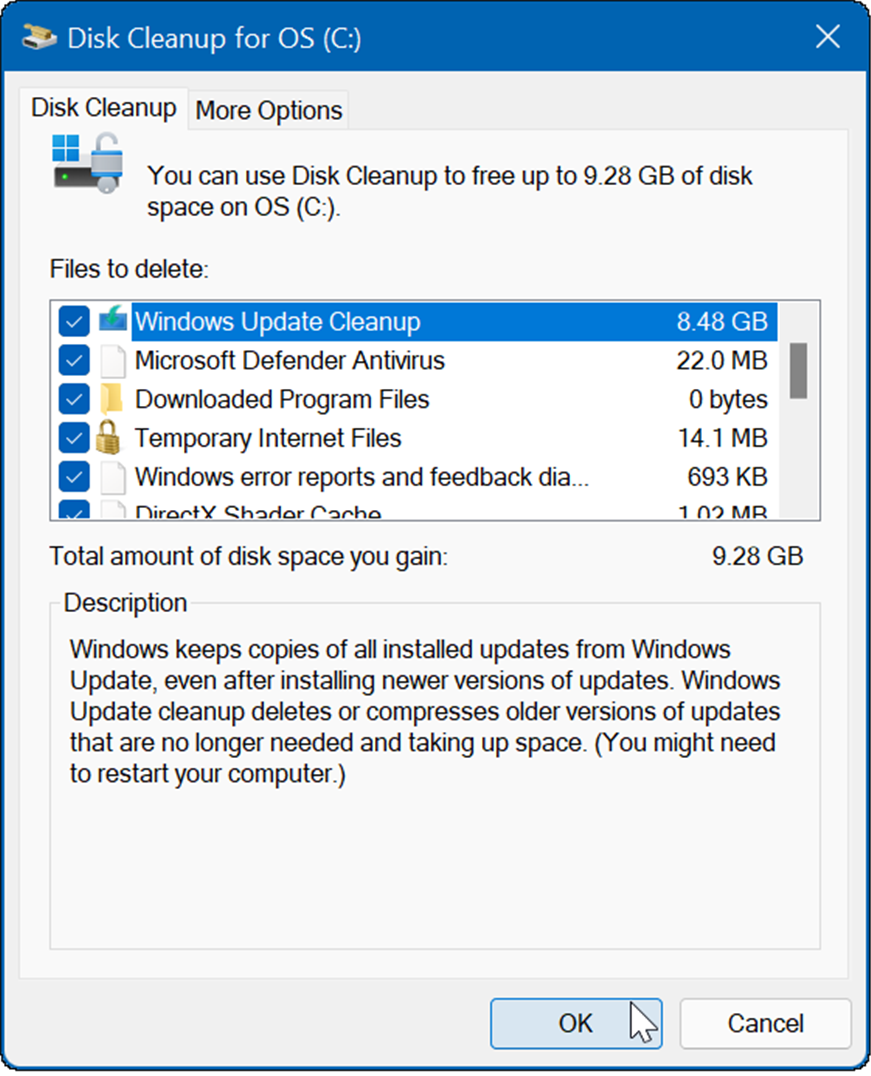 resultatet vil være flere midlertidige filer inkludert Windows Update Cleanup